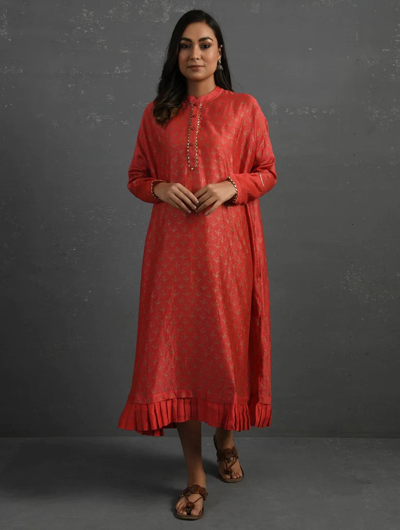 Women's Pink Block Printed Handwoven Chanderi Kurta By Room9 The Popup Store