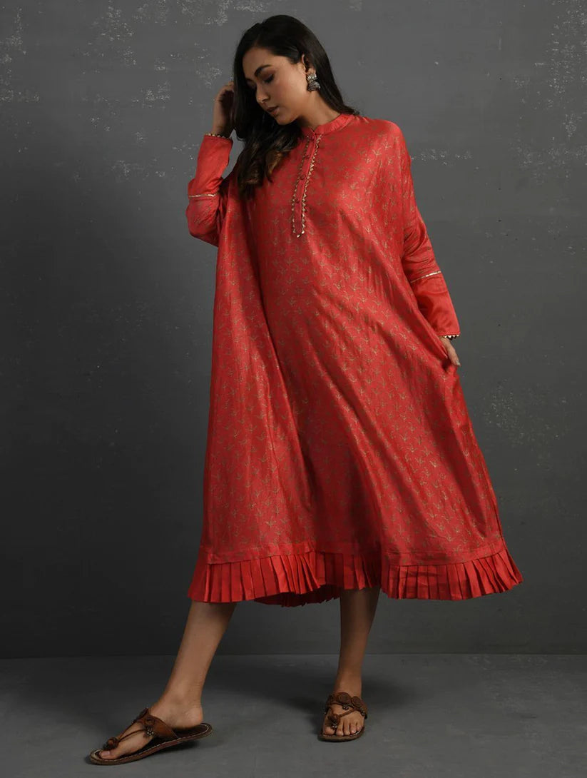 Women's Pink Block Printed Handwoven Chanderi Kurta By Room9 The Popup Store
