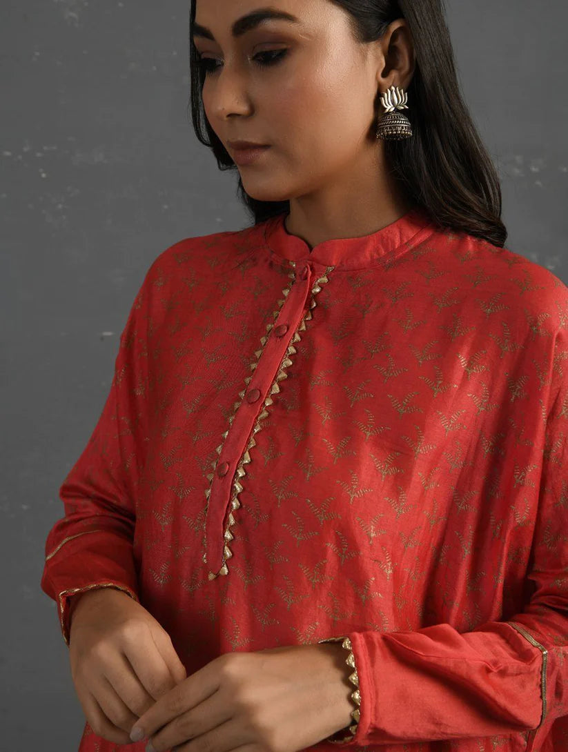 Women's Pink Block Printed Handwoven Chanderi Kurta By Room9 The Popup Store