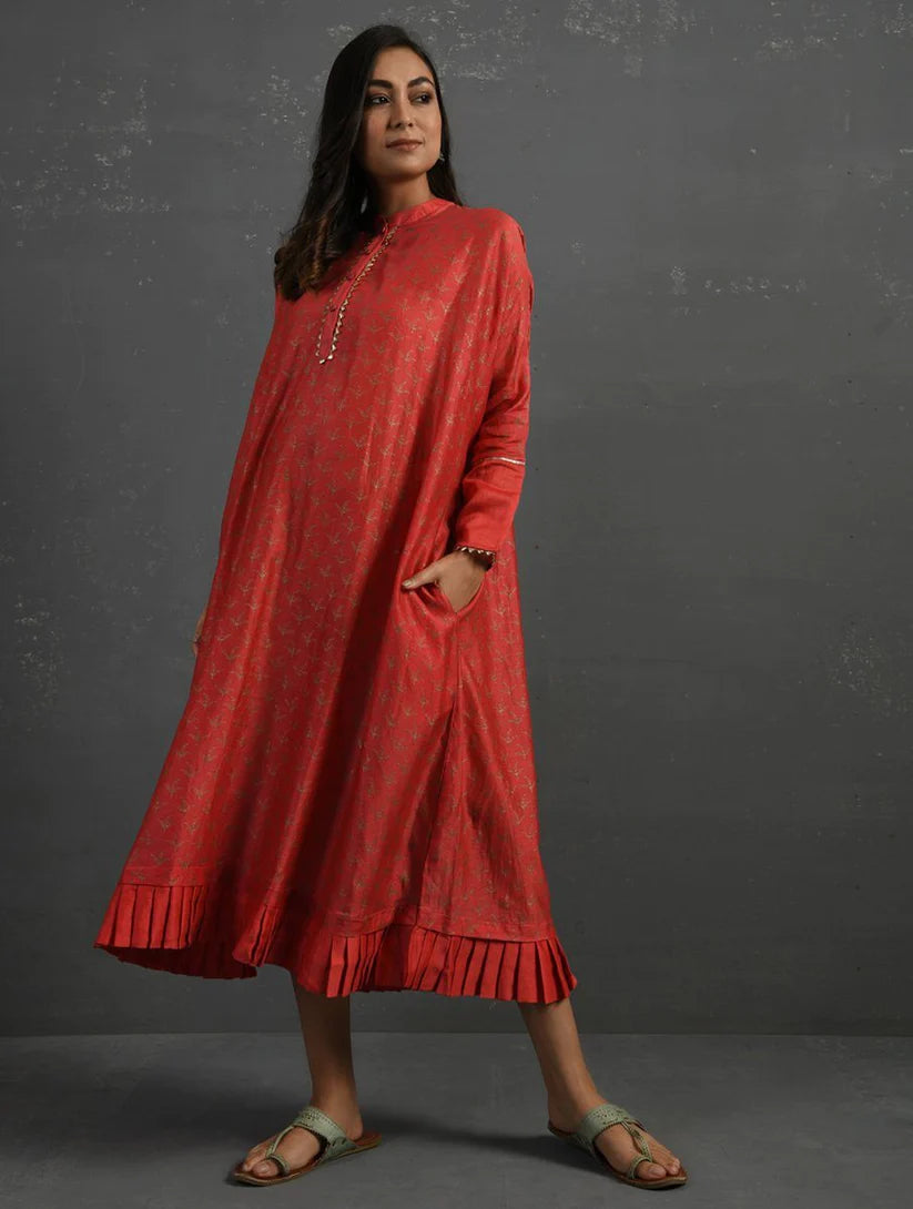 Women's Pink Block Printed Handwoven Chanderi Kurta By Room9 The Popup Store