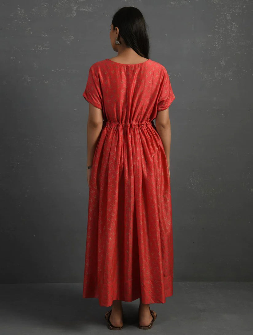 Women's Pink Block Printed Handwoven Chanderi Maxi Dress By Room9 The Popup Store