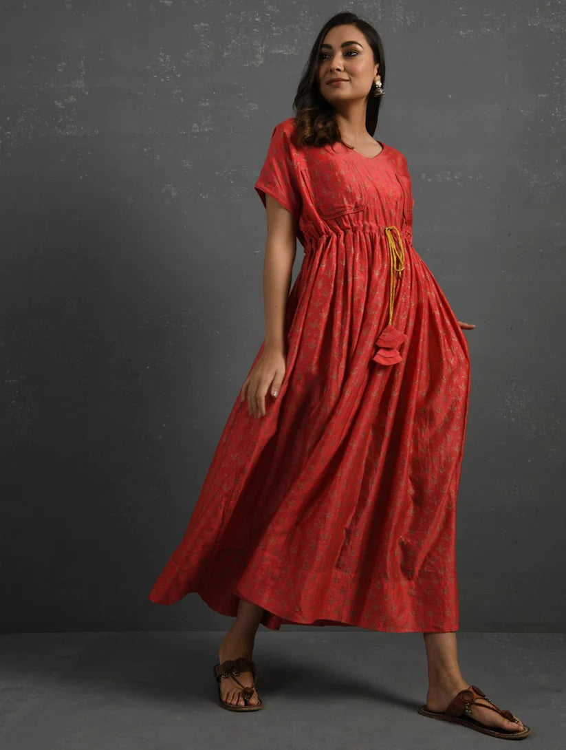 Women's Pink Block Printed Handwoven Chanderi Maxi Dress By Room9 The Popup Store