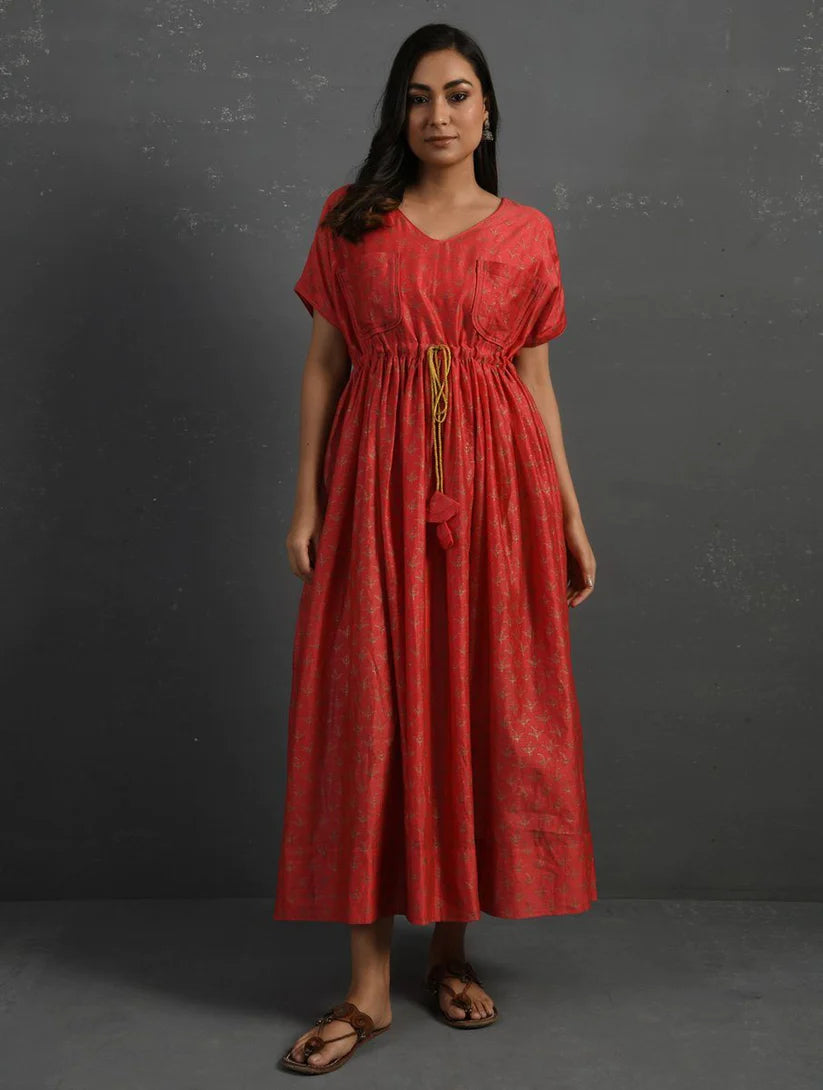 Women's Pink Block Printed Handwoven Chanderi Maxi Dress By Room9 The Popup Store