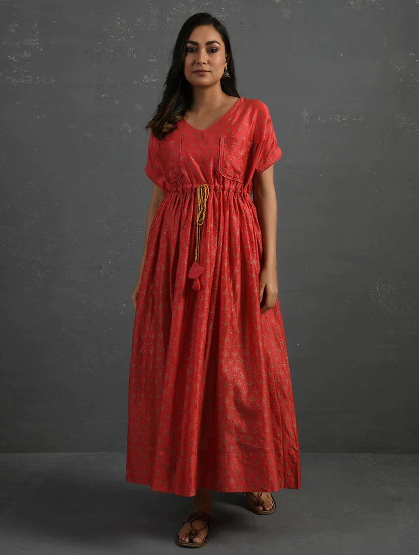 Women's Pink Block Printed Handwoven Chanderi Maxi Dress By Room9 The Popup Store