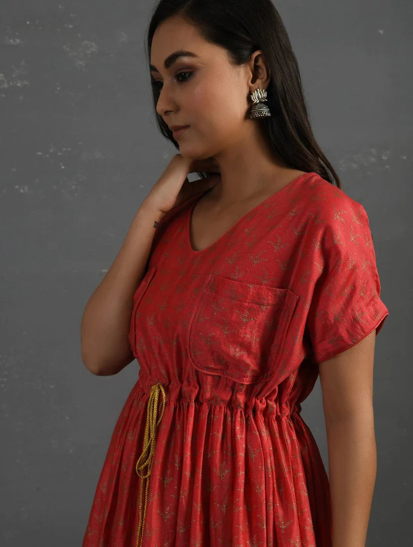 Women's Pink Block Printed Handwoven Chanderi Maxi Dress By Room9 The Popup Store