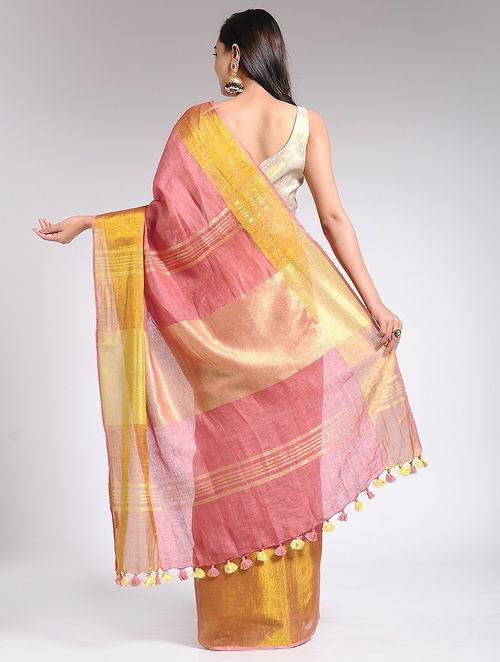 Women's Coral Pink linen zari saree By Room9 The Popup Store