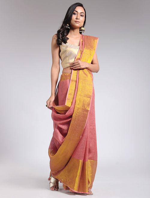 Women's Coral Pink linen zari saree By Room9 The Popup Store
