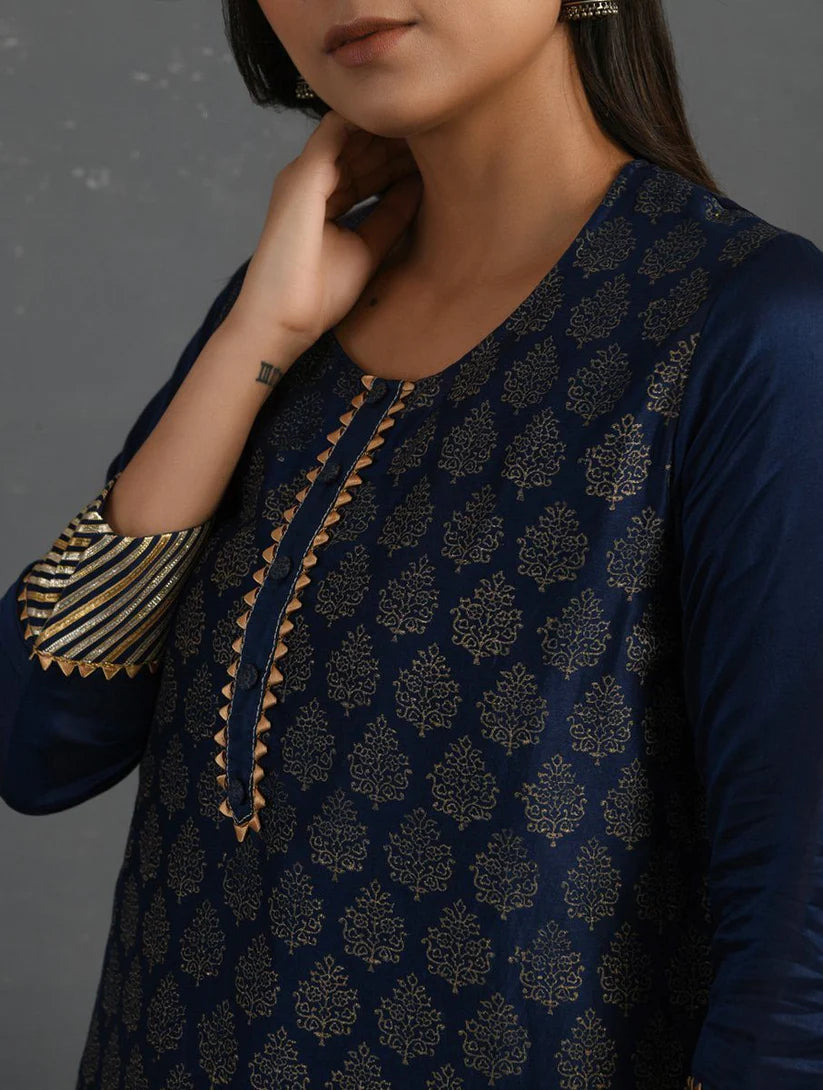 Women's Indigo Block Printed Handwoven Chanderi Kurta with Mul Slip and Pants (Set of 3) By Room9 The Popup Store