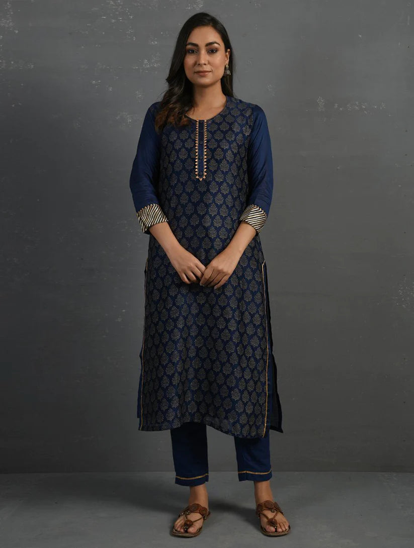Women's Indigo Block Printed Handwoven Chanderi Kurta with Mul Slip and Pants (Set of 3) By Room9 The Popup Store