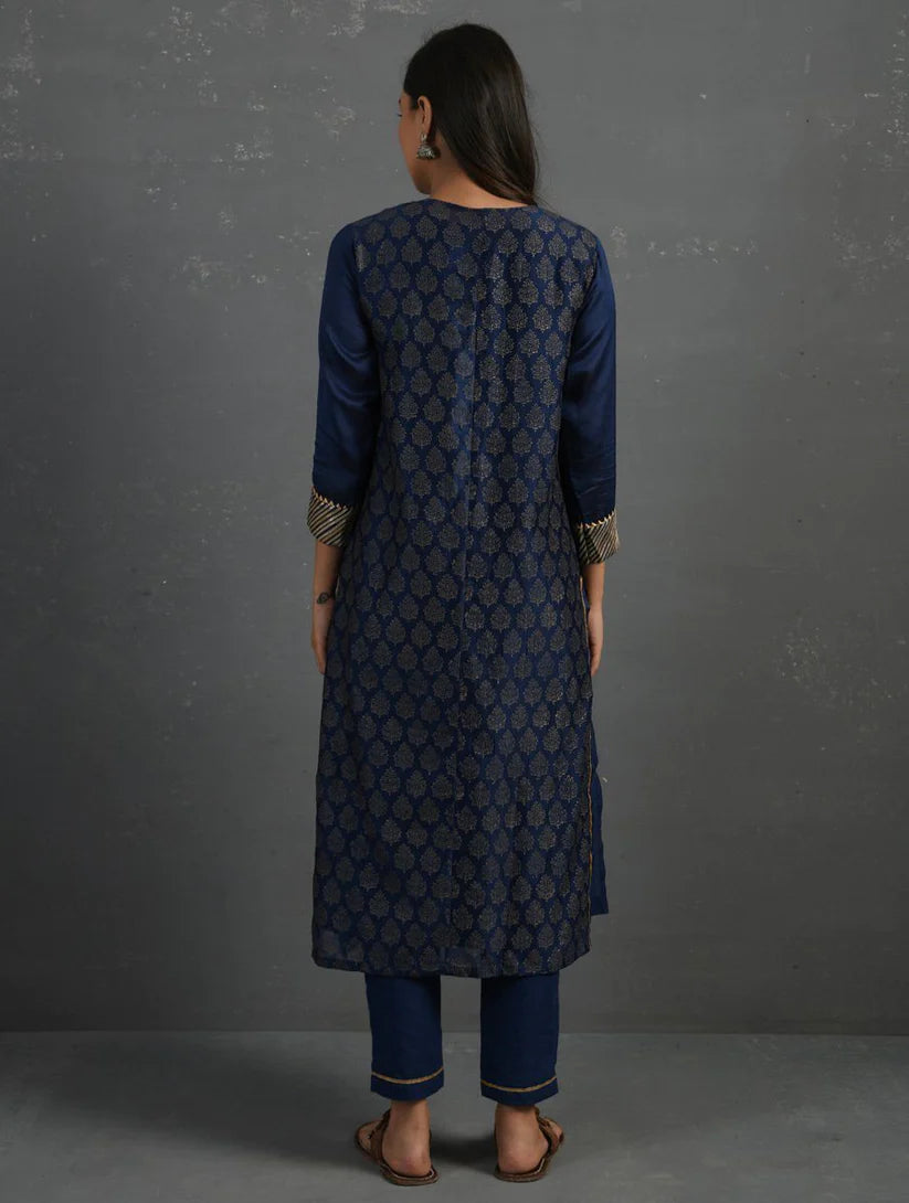 Women's Indigo Block Printed Handwoven Chanderi Kurta with Mul Slip and Pants (Set of 3) By Room9 The Popup Store