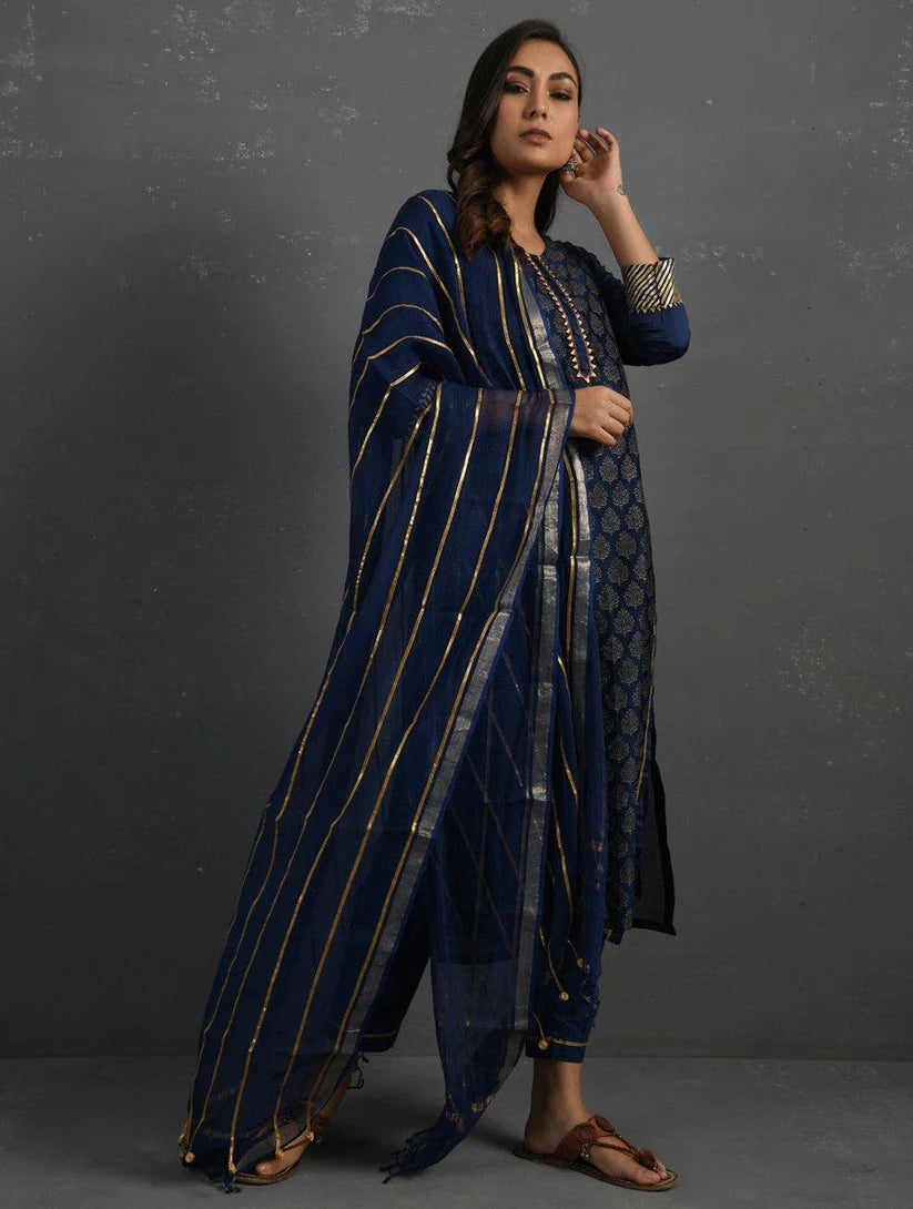 Women's Indigo Block Printed Handwoven Chanderi Kurta with Mul Slip and Pants (Set of 3) By Room9 The Popup Store
