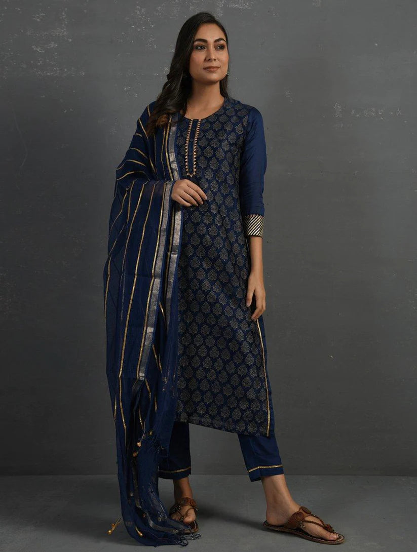 Women's Indigo Block Printed Handwoven Chanderi Kurta with Mul Slip and Pants (Set of 3) By Room9 The Popup Store