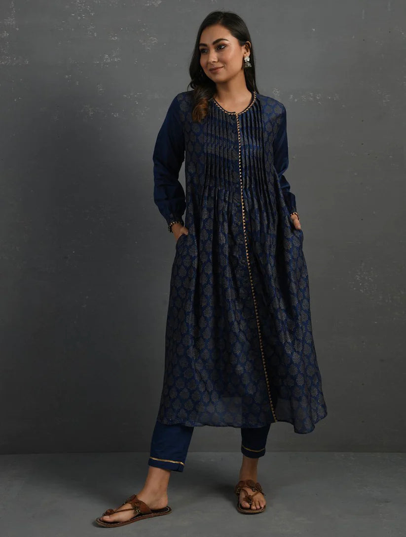 Women's Indigo Block Printed Handwoven Chanderi Kurta with Mul Slip & Pants (Set of 3) By Room9 The Popup Store