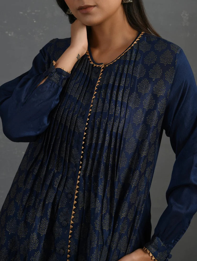 Women's Indigo Block Printed Handwoven Chanderi Kurta with Mul Slip & Pants (Set of 3) By Room9 The Popup Store