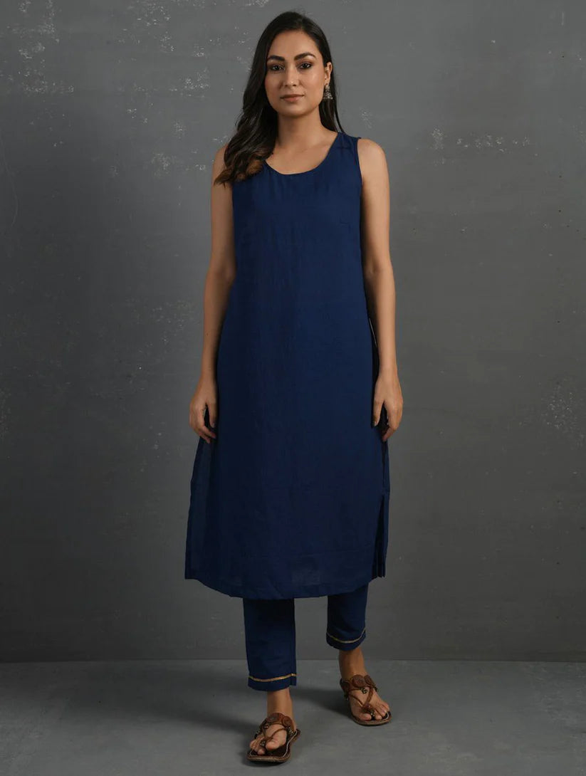 Women's Indigo Block Printed Handwoven Chanderi Kurta with Mul Slip & Pants (Set of 3) By Room9 The Popup Store