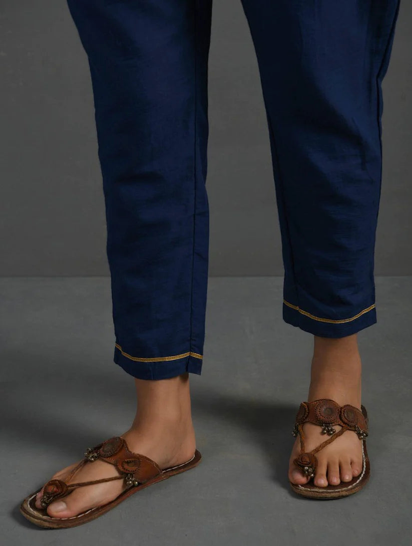 Women's Indigo Block Printed Handwoven Chanderi Kurta with Mul Slip & Pants (Set of 3) By Room9 The Popup Store