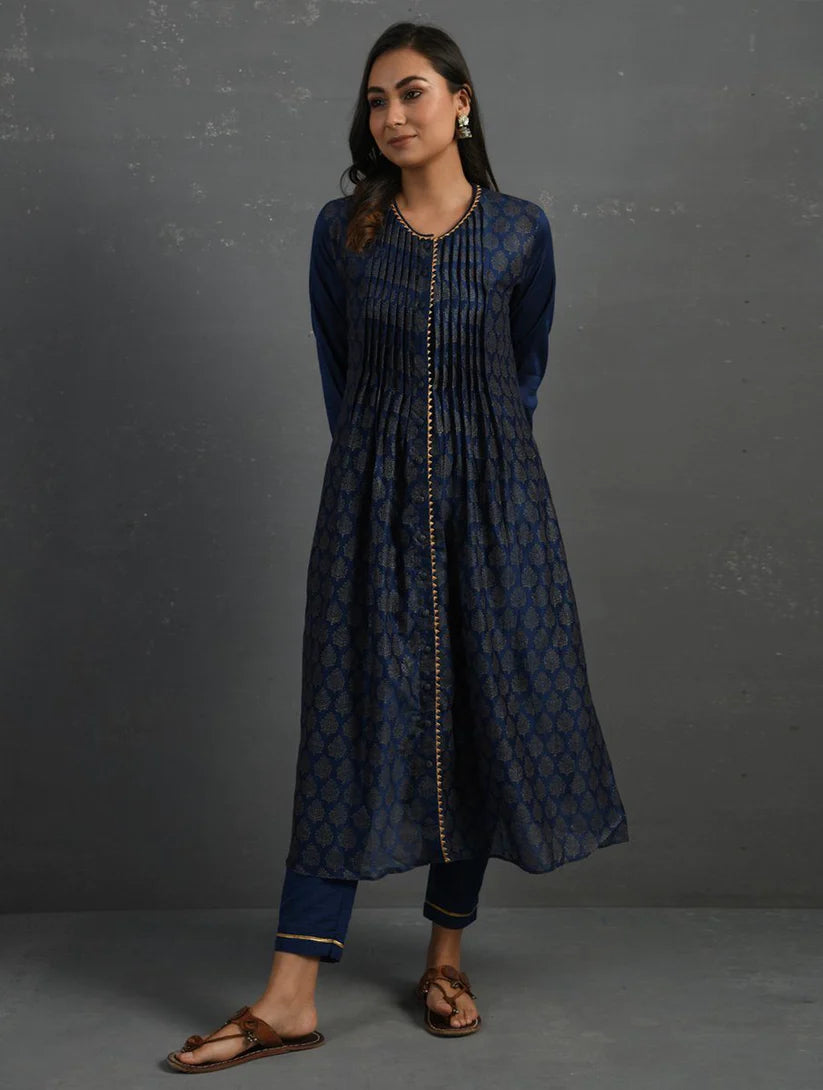 Women's Indigo Block Printed Handwoven Chanderi Kurta with Mul Slip & Pants (Set of 3) By Room9 The Popup Store