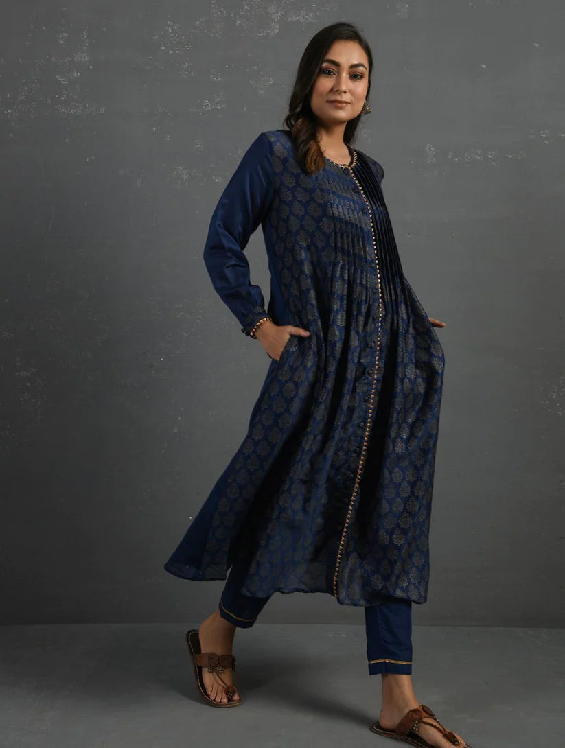 Women's Indigo Block Printed Handwoven Chanderi Kurta with Mul Slip & Pants (Set of 3) By Room9 The Popup Store