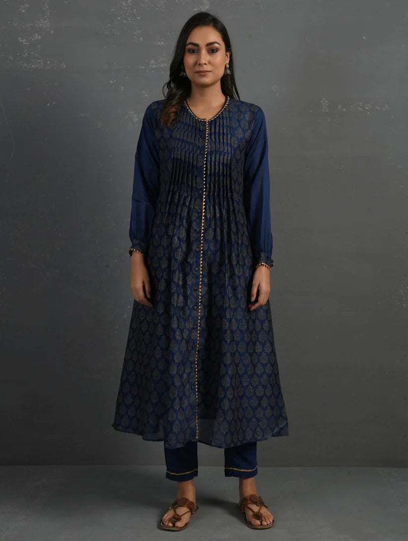 Women's Indigo Block Printed Handwoven Chanderi Kurta with Mul Slip & Pants (Set of 3) By Room9 The Popup Store