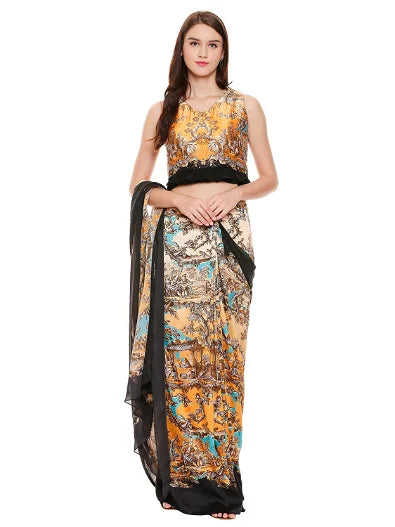 Women's Pre Stitched Saree Paired With Sleeveless Blouse Enhanced With Tassel Detail By Room9 The Popup Store