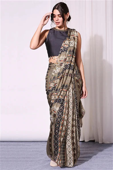 Women's Geometrical Printed Pre-Stitched Saree By Room9 The Popup Store