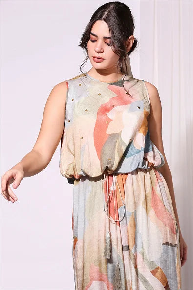 Women's Conversational Printed Jumpsuit With Waist Tie-Up By Room9 The Popup Store
