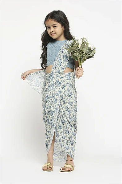 Women's Applique Floral Printed Pre Stitched Saree By Room9 The Popup Store