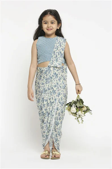 Women's Applique Floral Printed Pre Stitched Saree By Room9 The Popup Store