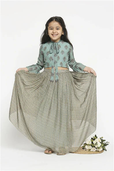 Women's Muasir Printed Skirt Paired With Crop Top Which Has Bell Sleeves And Neck Tie Up By Room9 The Popup Store