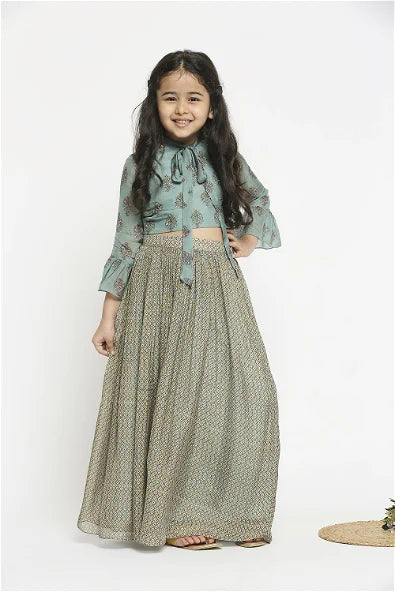 Women's Muasir Printed Skirt Paired With Crop Top Which Has Bell Sleeves And Neck Tie Up By Room9 The Popup Store