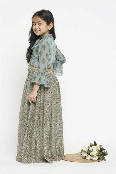 Women's Muasir Printed Skirt Paired With Crop Top Which Has Bell Sleeves And Neck Tie Up By Room9 The Popup Store