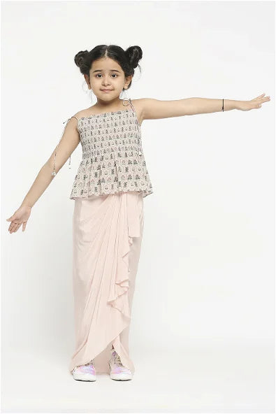 Women's Mughal Floral Printed Crop Top With Shoulder Tie Up Paired With Draped Skirt By Room9 The Popup Store