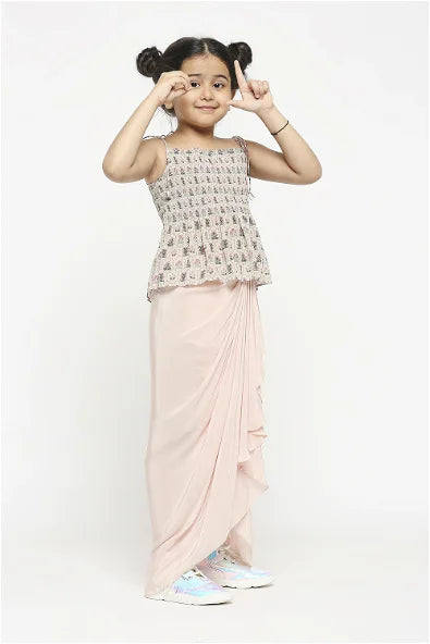 Women's Mughal Floral Printed Crop Top With Shoulder Tie Up Paired With Draped Skirt By Room9 The Popup Store