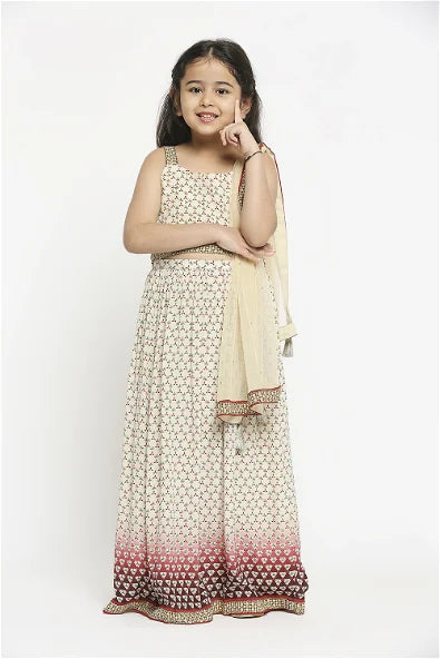 Women's Applique Geometric Printed Lehenga Paired With Crop Top And Net Dupatta