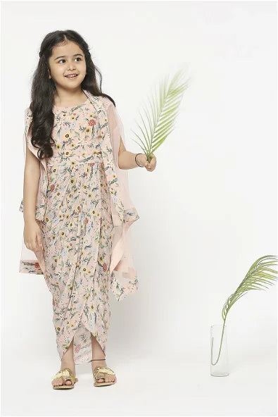 Women's Gulista Pastel Pink Floral Printed Drape Dress With Net Cape By Room9 The Popup Store