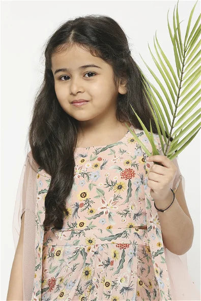 Women's Gulista Pastel Pink Floral Printed Drape Dress With Net Cape By Room9 The Popup Store