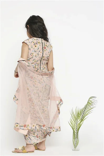Women's Gulista Pastel Pink Floral Printed Drape Dress With Net Cape By Room9 The Popup Store